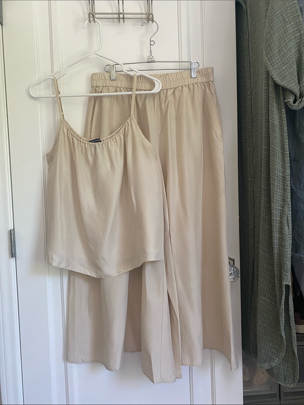 Eileen Fisher Cream Satin Cami and Pants Set